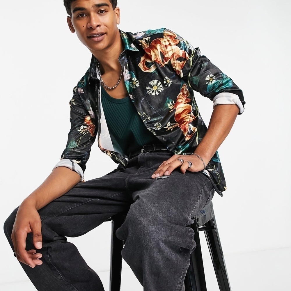 ASOS DESIGN Black Velvet Multicolored Floral Button-Down Shirt Men’s XS
